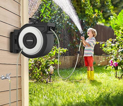 Tuyeho Retractable Garden Hose Reel 90 FT, Wall Mount Heavy Duty Water Hose Reels with Automatic Slow Rewind System, Outdoor Hoses Reel with 2 Hose Nozzles for Garden Watering, Car Wash, Pet Shower - size: 1/2" 90FT