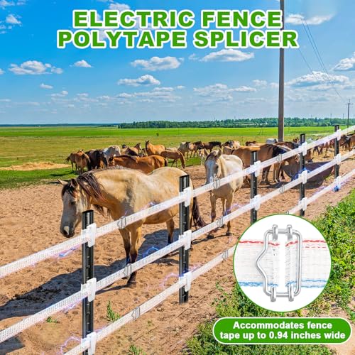Kingdder 39 Pack Electric Fence Kit Include 3/4 Inch x 1312 ft Electric Fence Tape 25 T-Post Poly Tape Insulator 3 Connectors 10 Polytape Splicer for Livestock Deer Garden Protection Farm Enclosure