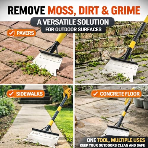 Weed Scraper Tool for Driveway Cracks, Long Handle Floor Scraper for Removing Weeds, Moss & Dirt, Heavy Duty Rustproof Metal Blade, Stand-Up Weeder for Sidewalk, Patio & Lawn Edging