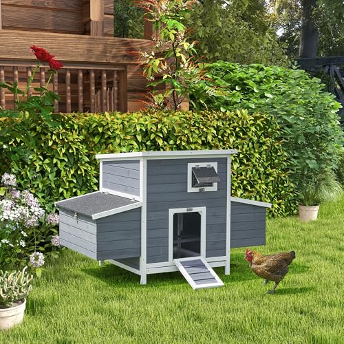 Large Chicken Coop for 2-6 Chickens, Wooden Hen House with 4 Nesting Boxes, Outdoor Chicken House Poultry Cage Rabbit Cage w/Ramps, Window & Openable Roof, 59''L*33.5''W*38.6''H - size: 59.0"L x 33.5"W x 38.6"H