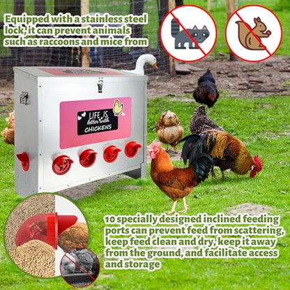 85-120LB Large Automatic Chicken Feeder Galvanized Metal Chicken Feeders with 10 Feeding Ports No Waste Outdoor Poultry Feeder with Handle and Locking Lid for Chickens and Ducks - size: 85-120LB-10 Ports