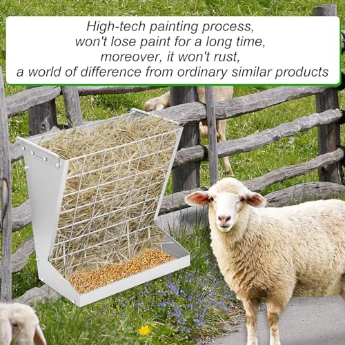 Wall Mount Hay Rack, Goat and Sheep Feeder, Hanging Feeder, Heavy Duty Galvanized Metal 2-in-1 Hay and Grain Feeders, Distance Adjustable Livestock Feeders, Hay Feeders for Goats, Sheep, Horses