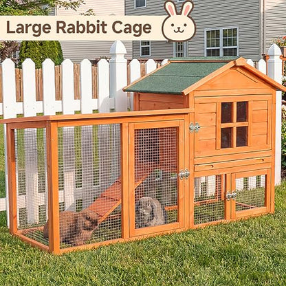 Large Outdoor Indoor Rabbit Hutch Wooden Bunny Rabbit Cage 2-Story with Run No-Leak Pull-Out Tray Waterproof Asphalt Roof Ramp for Guinea Pig Small Animal Wood Pet House Home Orange
