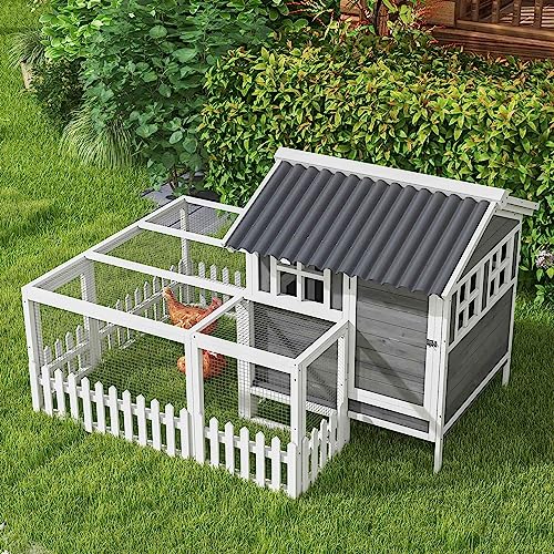 PawHut Wooden Chicken Coop with Run for 1-2 Chickens, Hen House with Nesting Box, Removable Tray, Fence, Outdoor Poultry Cage, 68" x 59" x 42", Gray