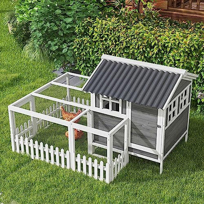 PawHut Wooden Chicken Coop with Run for 1-2 Chickens, Hen House with Nesting Box, Removable Tray, Fence, Outdoor Poultry Cage, 68" x 59" x 42", Gray