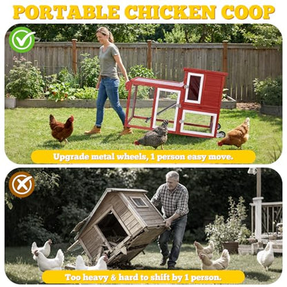 Mobile Chicken Coop with Wheels for 1–2 Chickens,Rabbit Hutch Indoor Outdoor, Small Chicken Coop Bunny Cage with Run, Waterproof Asphalt Roof & UV-Resistant Roof, Pull-Out Tray, Red