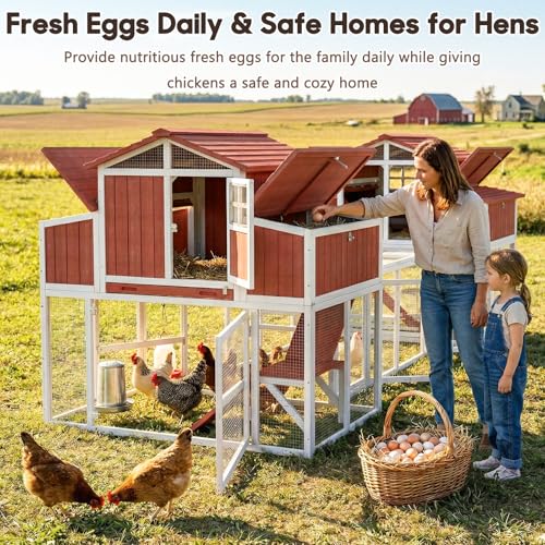 Extra Large Connected Chicken Coop with Center Run for 6–10 Chickens, Dual Wooden Hen Houses, 2-Tier Elevated Design, Nesting Boxes, Pull-Out Tray, Reinforced Frame, Red - color: Red