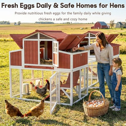 Extra Large Connected Chicken Coop with Center Run for 6–10 Chickens, Dual Wooden Hen Houses, 2-Tier Elevated Design, Nesting Boxes, Pull-Out Tray, Reinforced Frame, Red - color: Red