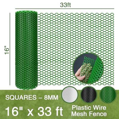 Plastic Wire Mesh Fence 16IN x 33FT, Green Plastic Net, Suitable for Poultry, Dogs, Rabbits, Snakes, Garden Barrier, Balcony Pet Fence, Chicken Fence - color: Green, size: 16IN x 33FT