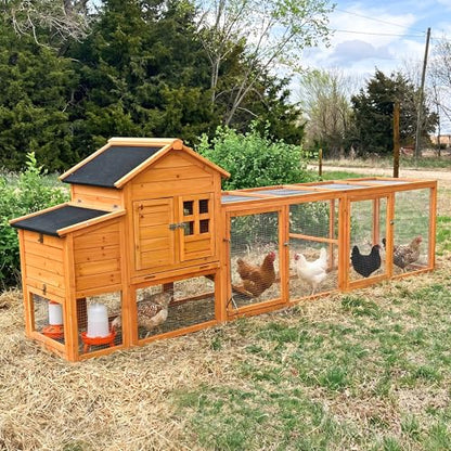 Large Chicken Coop for 4-6 Chickens with Attached Run, Predator Proof Hen House with Waterproof Asphalt Roof & Removable Cleaning Tray