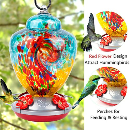 REZIPO Hummingbird Feeder with Perch - Hand Blown Glass - 38 Fluid Ounces Hummingbird Nectar Capacity Include Hanging Wires and Moat Hook (Half Green) - color: Half Green