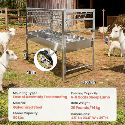 Goat Feeder with Wheels, 2-in-1 Galvanized Steel Livestock Feeder with 50 Gallon Grain Pan, Heavy Duty Hay Feeder for Goats, Pasture Horses & Pig Feeder, Silver (Silver) - color: Silver