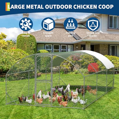 Garvee Large Metal Chicken Coop, 19.7 ft Metal Chicken Run with Waterproof UV Resistant Cover & Double Doors, Walk-in Poultry Coop for Yard - size: 9.8' x 19.7' x 6.6'