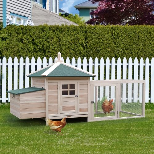 PawHut 77" Wooden Chicken Coop with Nesting Box, Cute Outdoor Hen House with Removable Tray, Ramp Run, for Garden Backyard, Natural - color: Natural