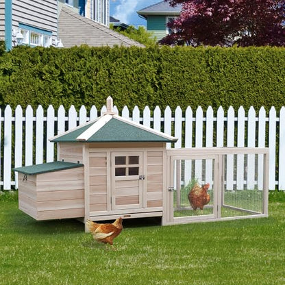PawHut 77" Wooden Chicken Coop with Nesting Box, Cute Outdoor Hen House with Removable Tray, Ramp Run, for Garden Backyard, Natural - color: Natural