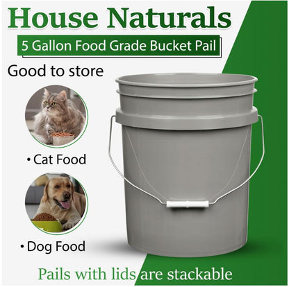House Naturals 5 Gallon Food Grade Made in USA Plastic Bucket with Screw On Air Tight Double Gasket lid, (Pack of 3) (Gray Buckets-Yellow Lids)