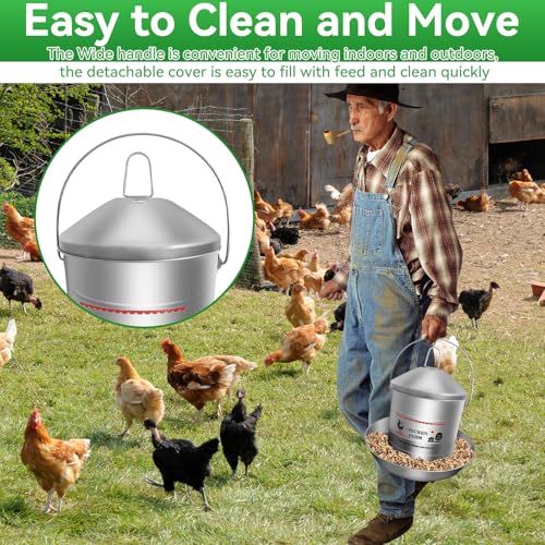 17.6 Lb Stainless Steel Poultry Feeder, Automatic Chicken Feeder No Waste, Hanging Chicken Feeder Heavy Duty Reliable Long-Lasting with Handle, Top Filled - size: 8KG/17.6 LB
