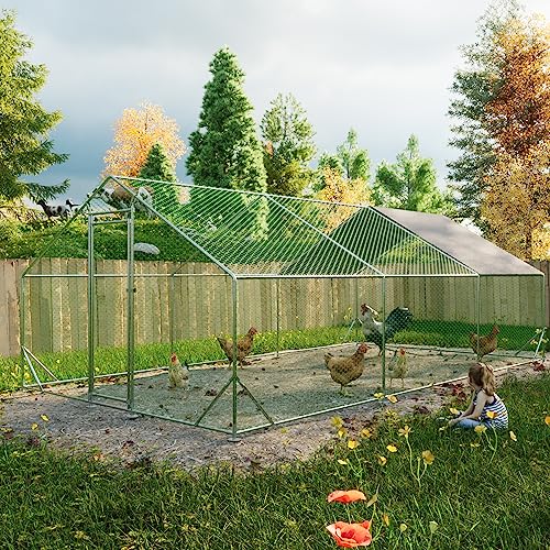 YOPTO Large Metal Chicken Coop,Walk-in Chicken Run,Galvanized Wire PoultryHen Pen Cage with Waterproof Removable Cover,Rabbits Duck Cages w/Door Lock,Metal Fence for Outdoor,Silver