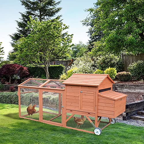 PawHut 96.5" Chicken Coop Wooden Hen House Poultry Cage Pen Portable with Wheels and Nesting Box, Chicken Cage for Backyard Outdoor, Natural - color: Brown