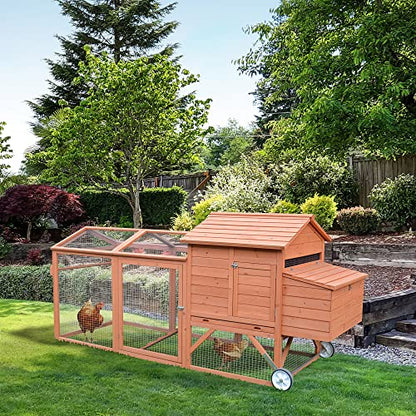 PawHut 96.5" Chicken Coop Wooden Hen House Poultry Cage Pen Portable with Wheels and Nesting Box, Chicken Cage for Backyard Outdoor, Natural - color: Brown