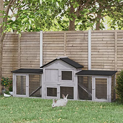 PawHut 83" L Outdoor Rabbit Hutch with Double Runs, Large Guinea Pig Cage Indoor, Wooden Bunny Hutch with Weatherproof Roof, Removable Tray, Ramps, Gray - color: Gray