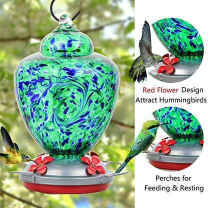 REZIPO Hummingbird Feeder with Perch - Hand Blown Glass - Green(Firework) - 38 Fluid Ounces Hummingbird Nectar Capacity Include Hanging Wires and Moat Hook, blue/Green - color: Blue/Green