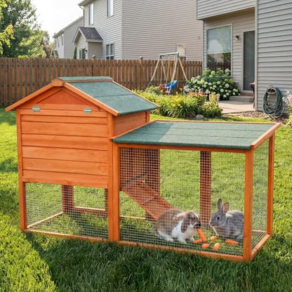 Large Outdoor Indoor Rabbit Hutch Wooden Bunny Rabbit Cage 2-Story with Run No-Leak Pull-Out Tray Waterproof Asphalt Roof Ramp for Guinea Pig Small Animal Wood Pet House Home Orange