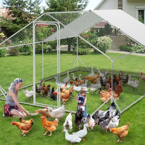 9.8' x 13.1' x 6.6' Chicken Coop Run, Galvanized Steel Chicken Pen with Anti-Ultraviolet Waterproof Cover, Spire-Roof Walk-in Poultry Cage, Metal Chicken Coop for Outdoor Farm Use - size: 9.8' W x 13.1' D x 6.6' H