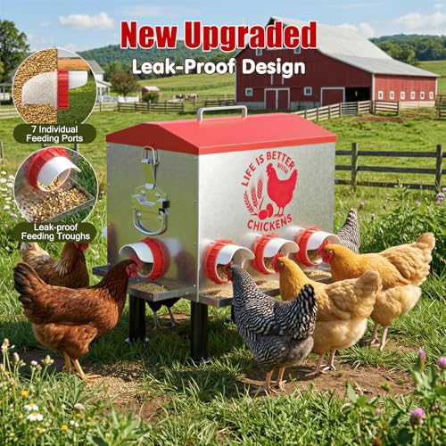 Pawaboo 55LBS Large Capacity Automatic Chicken Feeder - 2026 Upgraded No Waste Poultry Feeder, 7 Feeding Ports, Viewable Feed Level Window, Height-Adjustable Legs + Wobble-Free Stability - color: Red + Silver