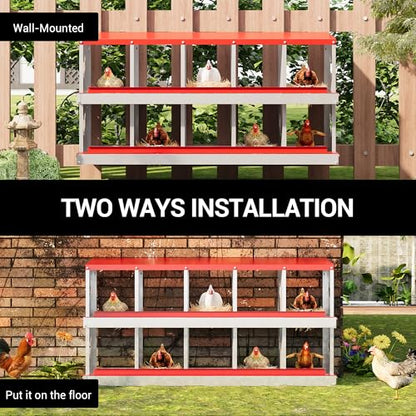 Chicken Nesting Box, 10 Compartment Metal Chicken Nesting Boxes for Chicken Coop, Large Vented Holes Chicken Laying Boxes with Rollout Egg Collection, Wall Mount Chickens Coops - color: Red, size: 10 Holes