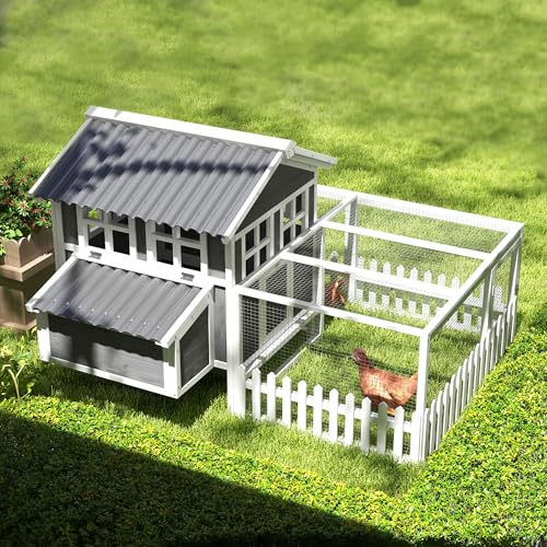 PawHut Wooden Chicken Coop with Run for 1-2 Chickens, Hen House with Nesting Box, Removable Tray, Fence, Outdoor Poultry Cage, 68" x 59" x 42", Gray