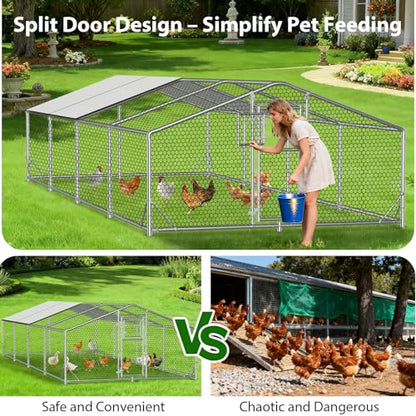 26x10x6.5 FT Extra Large Metal Chicken Coop, Functional Split Door Chicken Coop Run with Cover & Hardware Cloth,Heavy Duty Chicken Pen with Aluminum Frame, Easy Setup Animal Run for Hen, Duck - size: 315.0"L x 118.0"W x 77.0"H