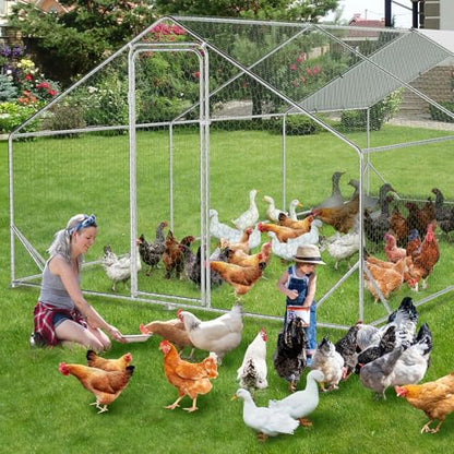9.8' x 19.7' x 6.6' Chicken Coop Run, Galvanized Steel Chicken Pen with Anti-Ultraviolet Waterproof Cover, Spire-Roof Walk-in Poultry Cage, Metal Chicken Coop for Outdoor Farm Use - size: 9.8' W x 19.7' L x 6.6' H