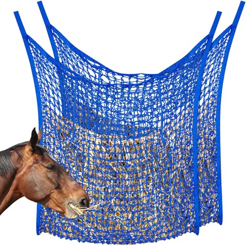 Fabbay 2 Pcs Slow Feed Hay Net for Horses, 35 x 31 Inch Hay Bag for Horses Goats Sheep, Small Hole Hanging Feeder Supplies for Stall Trailer, Blue - color: Blue, size: 35 x 31 Inch