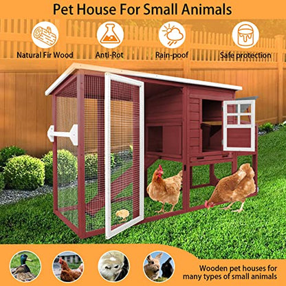PetsCosset 75" Wooden Chicken Coop with Run and Wheels for 1–4 Chickens, Backyard Hen House with Nesting Box, Removable Tray, Ramp & Weather-Resistant Roof, Red - color: Chicken Coop large-Red, size: 75.0"L x 26.0"W x 39.0"H