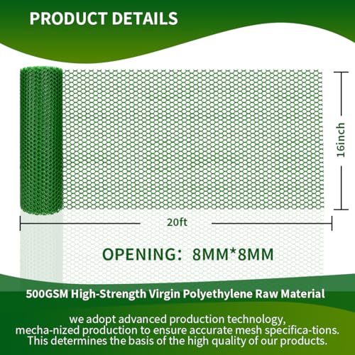 Plastic Chicken Wire Mesh Fence,Plastic Chicken Wire Roll 16in x 20ft,Garden Netting Fencing Barrier for Poultry, Animals, Pets and Balcony(Green) - color: Green, size: 16INx20FT