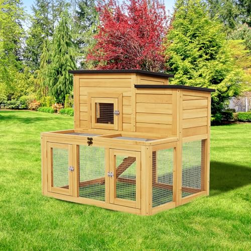 Small Chicken Coop, Chicken Run, Wooden Duck Coop Outdoor 2-Tier Rabbit House All Weather Used Poultry Quail Hutch Pet Cage with Removable Ramp for Garden Backyard (Yellow) - color: Yellow