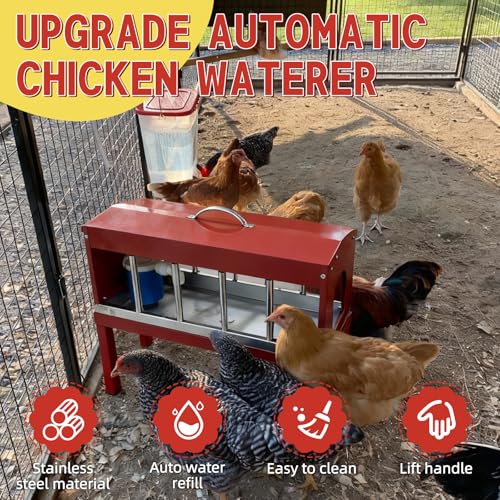 Automatic Chicken Waterer，Stainless Steel Large Chicken Drinker with Float Valve,Multi-Side Drinking Holes and Detachable Legs,Easy Clean Poultry Water Dispenser for Chicken Coop Duck Pigeon,Goose
