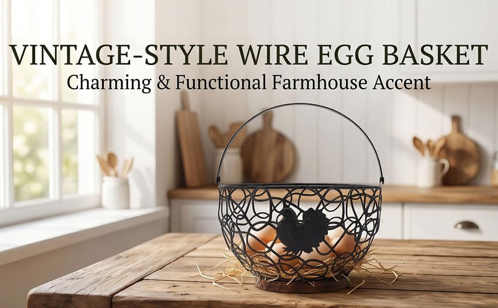 Rustic Wooden Base Wire Egg Basket with Sturdy Metal Handle Farmhouse Kitchen Decor Easter Display Coop - color: Black