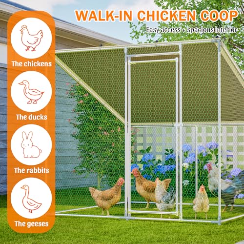 Walk in Chicken Coop, Chicken Runs for Yard with Cover, 84 x 78.7 x 72.7 in Metal Enclosure, Slanted Roof, Lockable Door for Ducks Rabbits