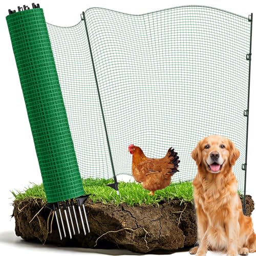 Temporary Fence with Posts, 3‘x50‘ Animal Barrier Dog Portable Fencing with Fiberglass Stake Windbreak Rope, Safety Snow Plastic Netting Roll for Garden Backyard Outdoor for Chickens or Other Animals - size: 3x50FT
