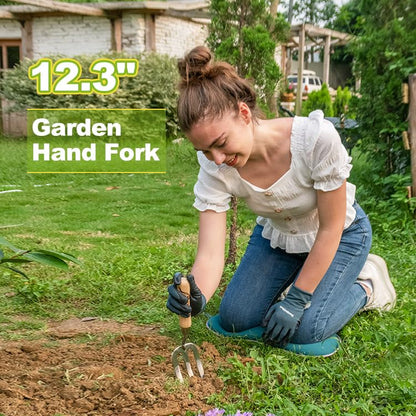 Berry&Bird Gardening Hand Fork, Stainless Steel Hand Weed Fork, Traditional Garden Hand Fork Tool with Ergonomic Ash Wood Handle for Weeding, Digging, Planting and Cultivating - size: 14.1inch
