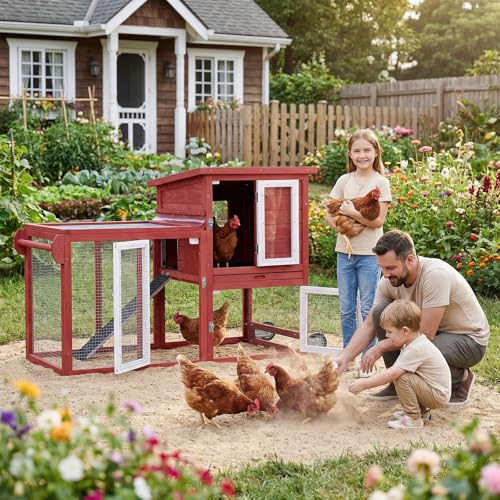 Mobile Chicken Coop with Wheels for 1–2 Chickens,Rabbit Hutch Indoor Outdoor, Small Chicken Coop Bunny Cage with Run, Waterproof Asphalt Roof & UV-Resistant Roof, Pull-Out Tray, Red