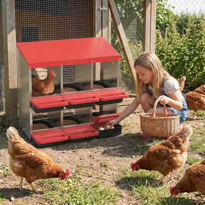 Heavy Duty Galvanized Steel Chicken Nesting Box – 6 Holes, Roll Away Egg Laying, Protective Lid, Wall Mounted or Freestanding, Easy Clean, Vented Pegboard Side, Red (Pegboard Side Design) - color: Red, size: 6 Room&Mat Board