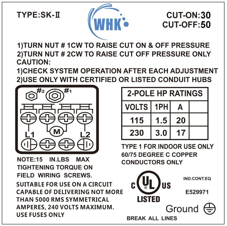 WHK Water Pressure Switch for Well Pump 30-50psi Auto Electrical Control Adjustable Differential 1/4 Female NPT UL Certified Grey
