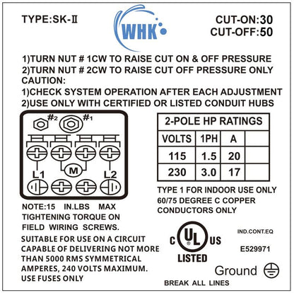 WHK Water Pressure Switch for Well Pump 30-50psi Auto Electrical Control Adjustable Differential 1/4 Female NPT UL Certified Grey