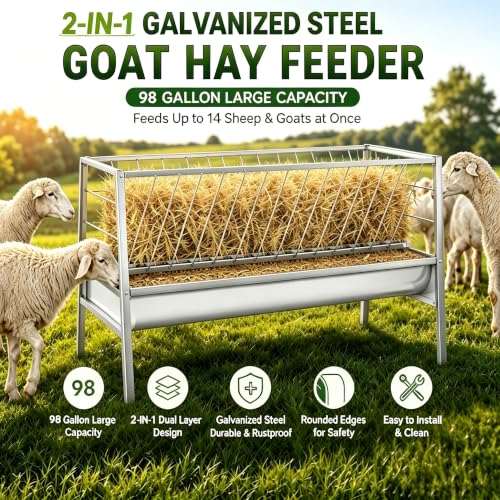98Gal Pasture Hay Feeder, 2-in-1 Multi-Functional Livestock Feeder, Elevated & Stable Frame, Large Volume Container for Farm Ranch Kinds of Livestock
