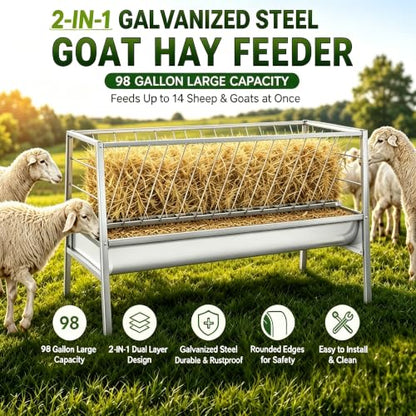 98 Gal Livestock Hay Feeder, Quick Bolt Easy Installation, Angled Grid Structure, Elevated 2-in-1 Trough, Multi Animal Use for Ranch Pasture Barn Daily Feeding