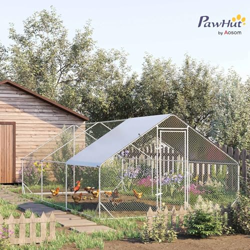 PawHut 9.8' x 19.7' x 6.6' Large Chicken Coop Metal Chicken Run with Waterproof and Anti-UV Cover, Spire Shaped Walk in Fence Cage Hen House for Outdoor and Yard Farm Use, 1" Tube Diameter - size: 118.1"L x 236.2"W x 78.7"H