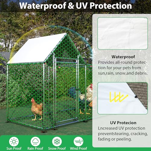 Large Walk-in Chicken Coop, Heavy Duty Metal Chicken Run for Backyard, Outdoor Poultry Habitat with Waterproof UV Cover for Duck Rabbit, Predator-Proof Lockable Door (10' L x 3.5' W x 5' H)